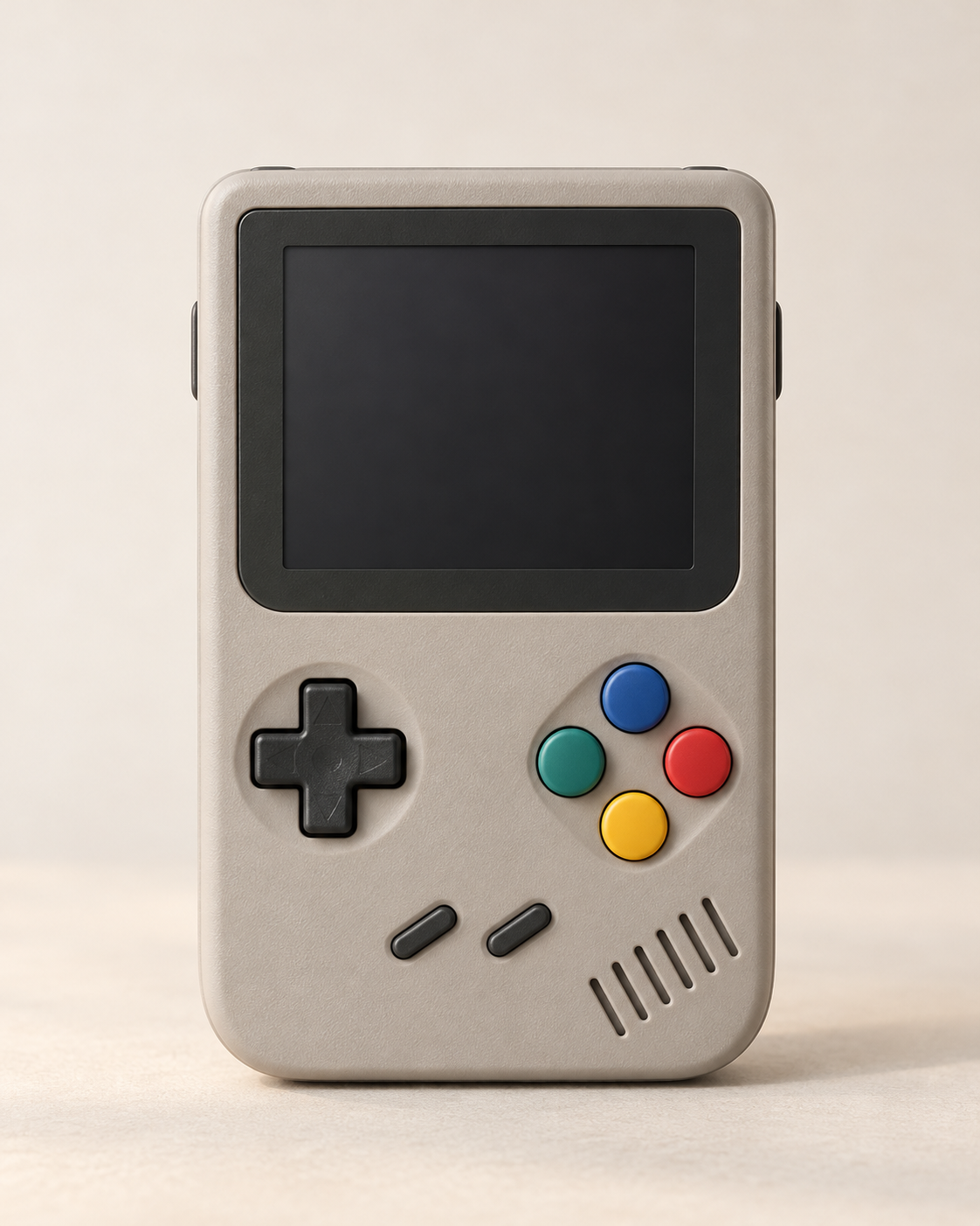 Console portátil retrô cinza com botões coloridos