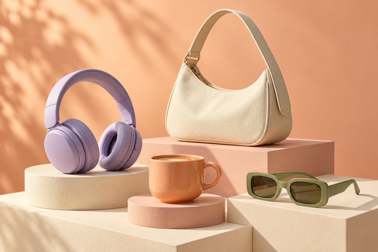 Curadoria de produtos com bolsa creme, fone lavanda, caneca pêssego e óculos verdes sobre bases de exposição.