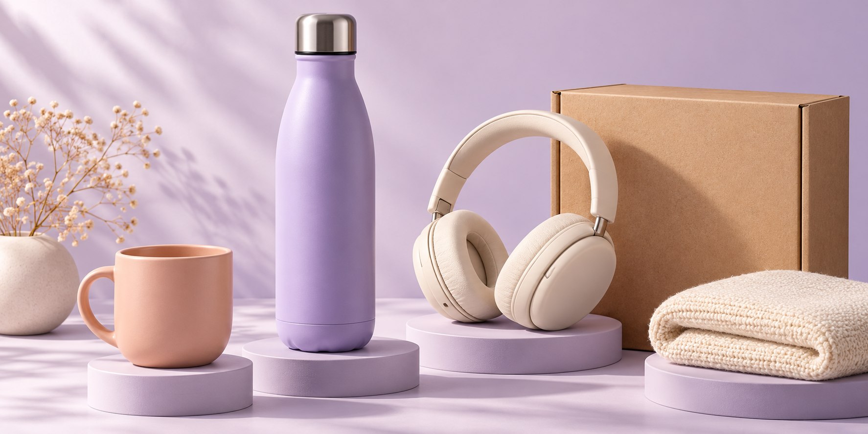 Seleção de produtos com garrafa lavanda, fone de ouvido creme, caneca e acessórios sobre bases de exposição.