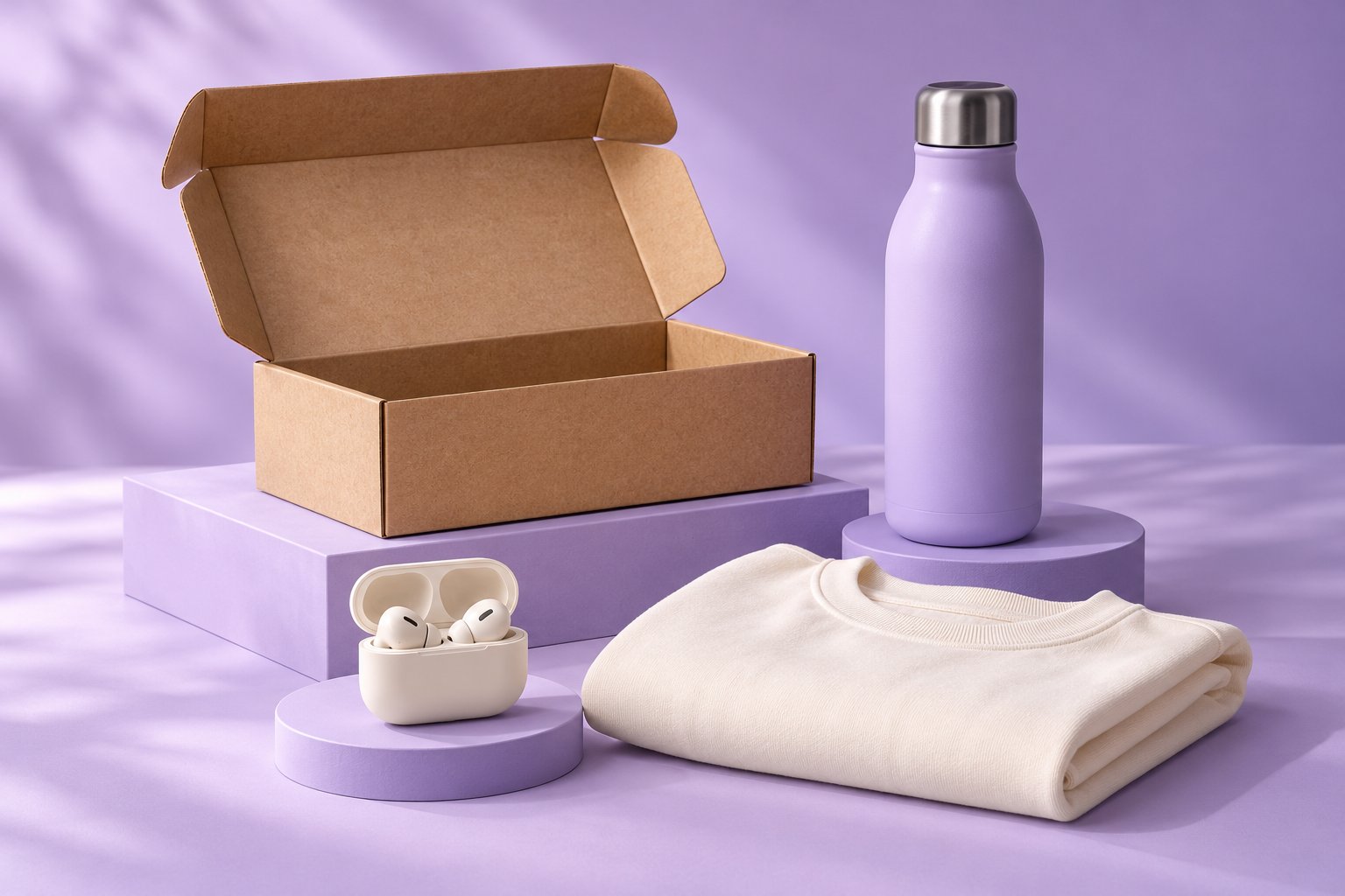 Garrafa lavanda, fones sem fio e roupa dobrada ao lado de uma caixa de envio, sobre bases lilás.